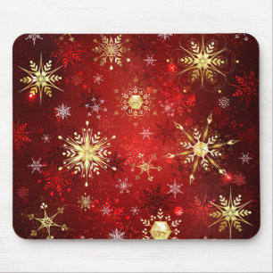 Christmas Golden Snowflakes on Red Background Mouse Pad
