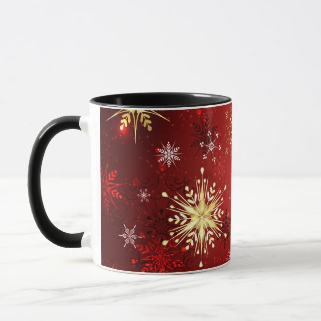 Christmas Golden Snowflakes on Red Background Mug (Left)