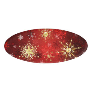 Christmas Golden Snowflakes on Red Background Name Tag