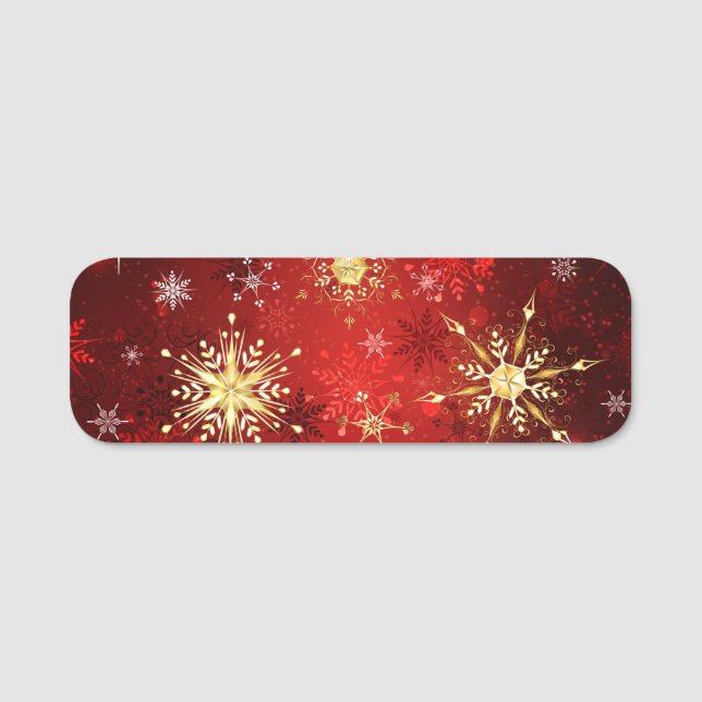 Christmas Golden Snowflakes on Red Background Name Tag (Front)