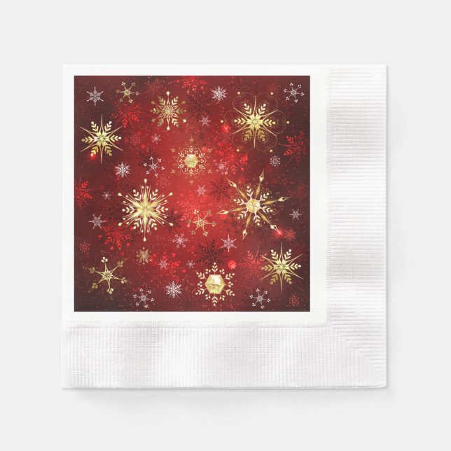 Christmas Golden Snowflakes on Red Background Napkin (Front)
