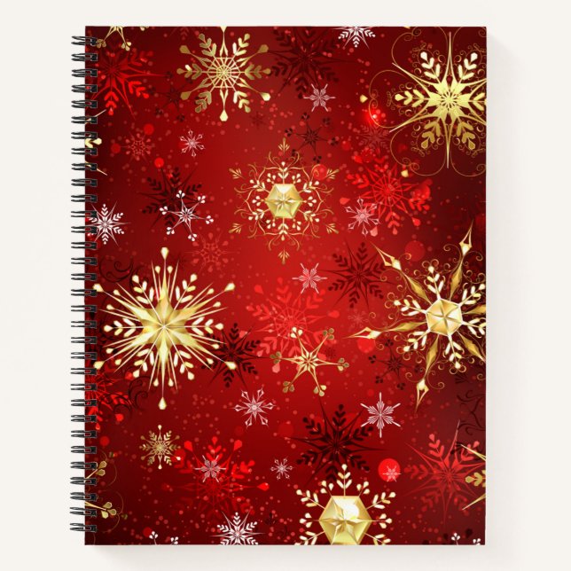 Christmas Golden Snowflakes on Red Background Notebook (Front)