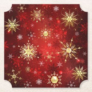 Christmas Golden Snowflakes on Red Background Paper Coaster