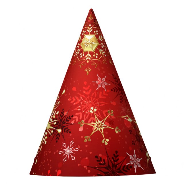 Christmas Golden Snowflakes on Red Background Party Hat (Front)