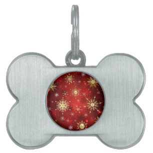 Christmas Golden Snowflakes on Red Background Pet ID Tag