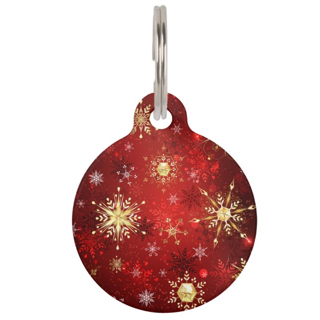 Christmas Golden Snowflakes on Red Background Pet Tag (Front)