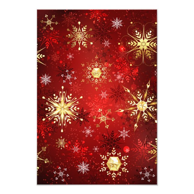 Christmas Golden Snowflakes on Red Background Photo Print (Front)