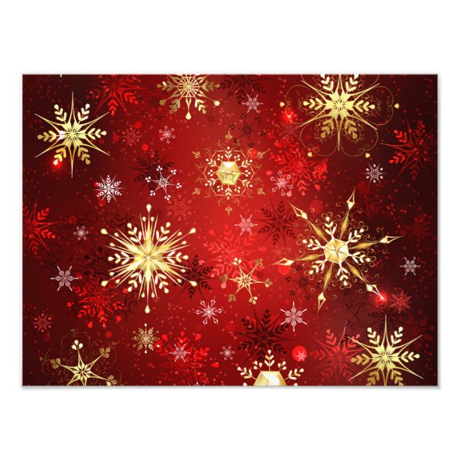 Christmas Golden Snowflakes on Red Background Photo Print (Front)
