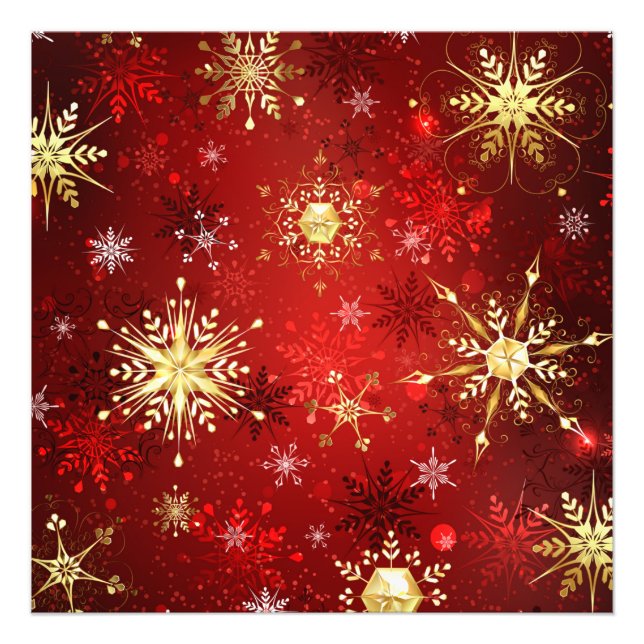 Christmas Golden Snowflakes on Red Background Photo Print (Front)