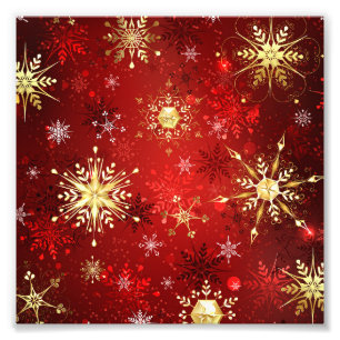 Christmas Golden Snowflakes on Red Background Photo Print