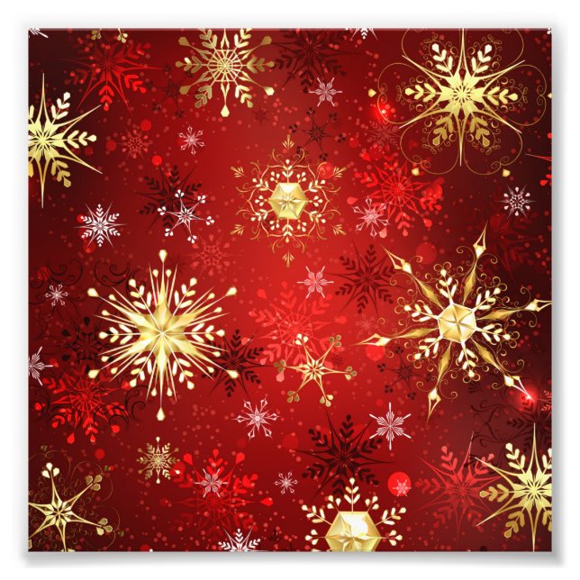 Christmas Golden Snowflakes on Red Background Photo Print (Front)