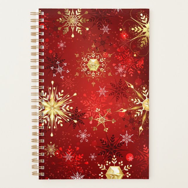 Christmas Golden Snowflakes on Red Background Planner (Front)