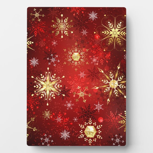 Christmas Golden Snowflakes on Red Background Plaque (Front)