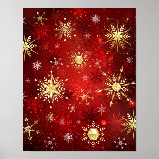 Christmas Golden Snowflakes on Red Background Poster (Front)