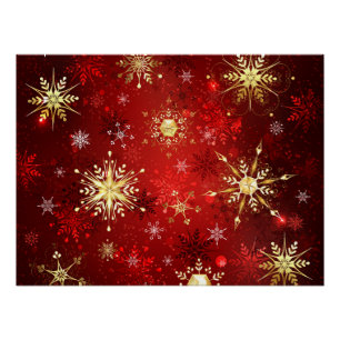 Christmas Golden Snowflakes on Red Background Poster