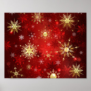 Christmas Golden Snowflakes on Red Background Poster