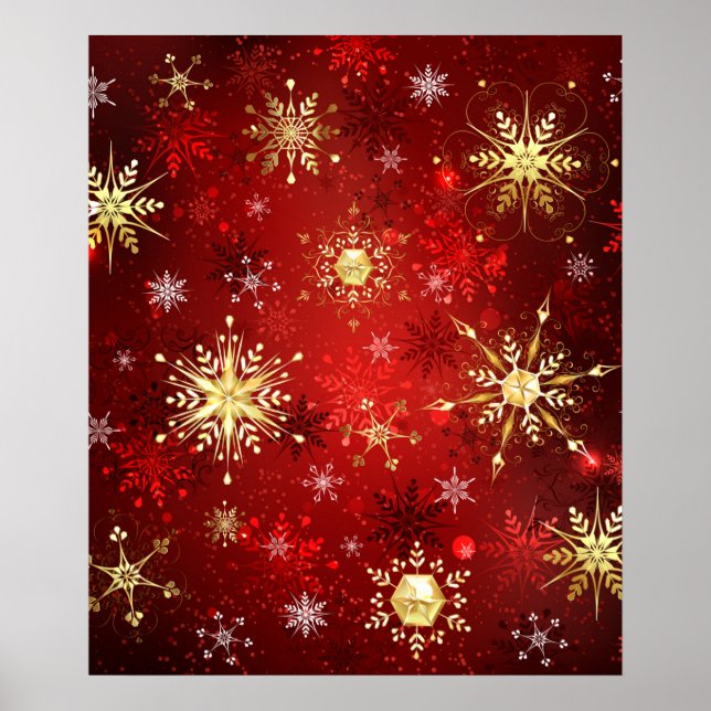 Christmas Golden Snowflakes on Red Background Poster (Front)