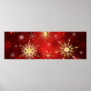 Christmas Golden Snowflakes on Red Background Poster