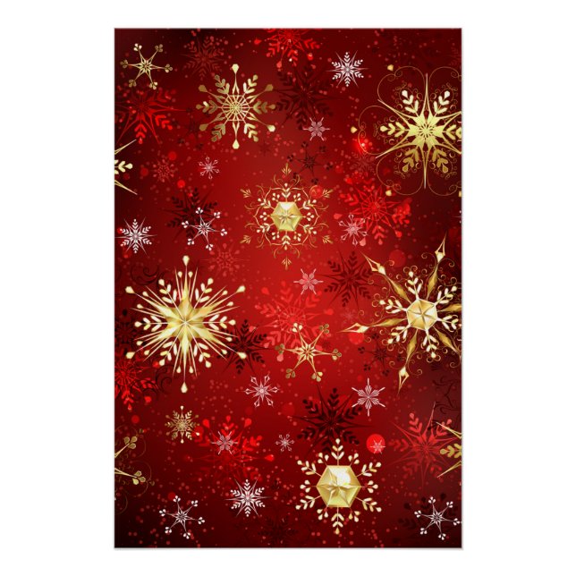 Christmas Golden Snowflakes on Red Background Poster (Front)