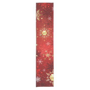 Christmas Golden Snowflakes on Red Background Short Table Runner