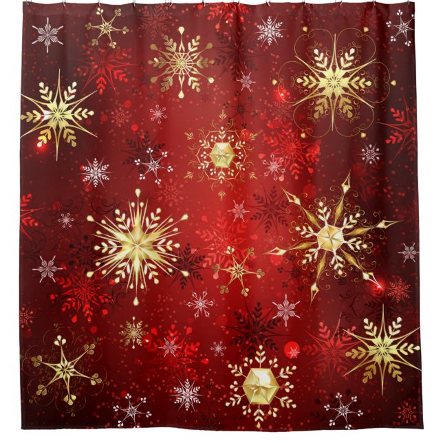 Christmas Golden Snowflakes on Red Background Shower Curtain (Front)