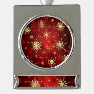 Christmas Golden Snowflakes on Red Background Silver Plated Banner Ornament