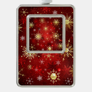 Christmas Golden Snowflakes on Red Background Silver Plated Framed Ornament