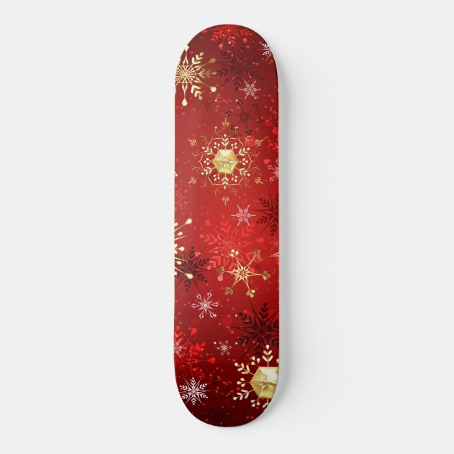 Christmas Golden Snowflakes on Red Background Skateboard (Front)