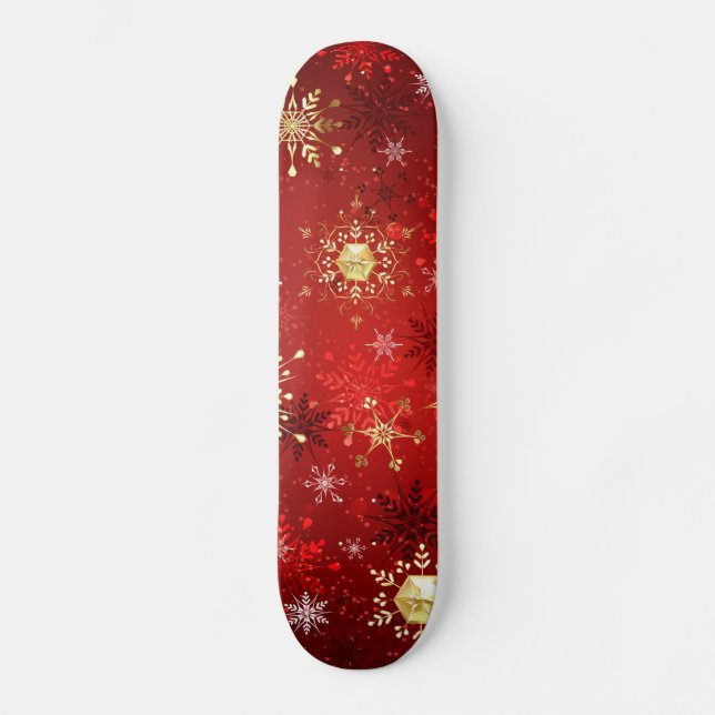 Christmas Golden Snowflakes on Red Background Skateboard (Front)