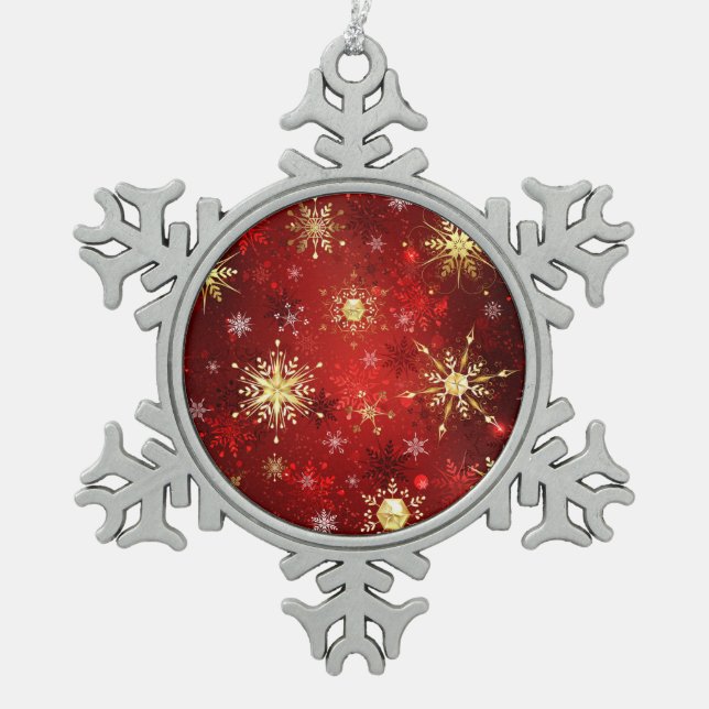 Christmas Golden Snowflakes on Red Background Snowflake Pewter Christmas Ornament (Front)