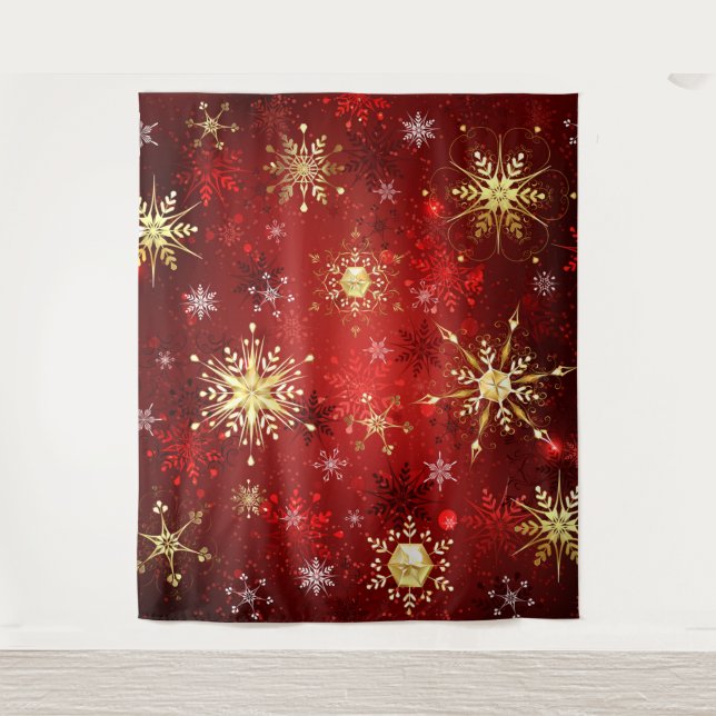 Christmas Golden Snowflakes on Red Background Tapestry (Front)