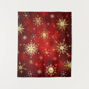 Christmas Golden Snowflakes on Red Background Tapestry