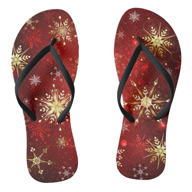 Christmas Golden Snowflakes on Red Background Thongs (Footbed)