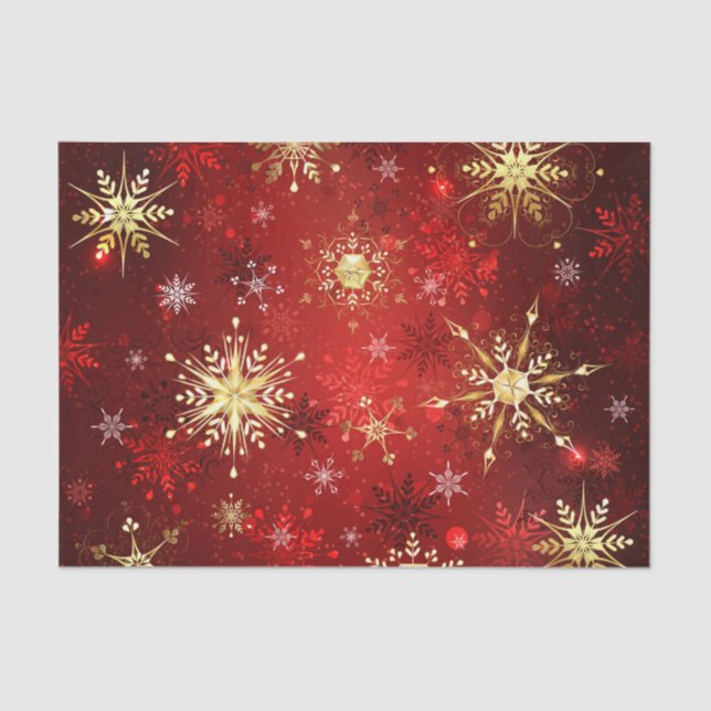 Christmas Golden Snowflakes on Red Background Tissue Paper (Front)