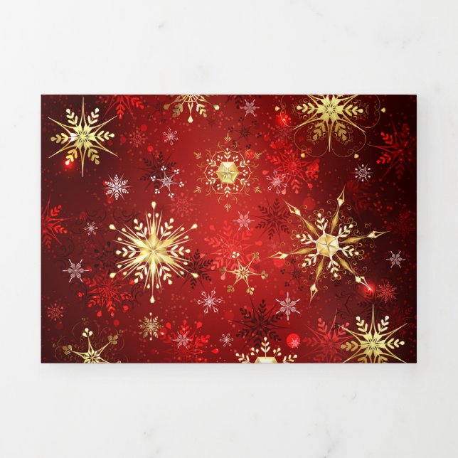 Christmas Golden Snowflakes on Red Background Tri-Fold Holiday Card (Cover)