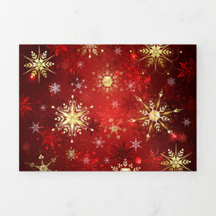Christmas Golden Snowflakes on Red Background Tri-Fold Invitation