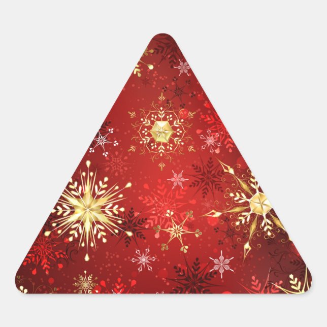 Christmas Golden Snowflakes on Red Background Triangle Sticker (Front)