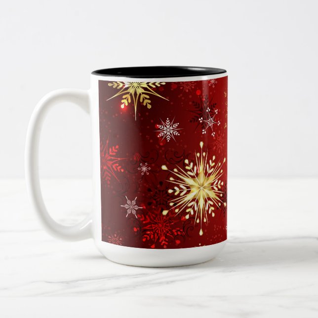 Christmas Golden Snowflakes on Red Background Two-Tone Coffee Mug (Left)