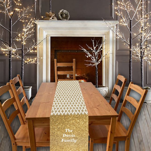 Christmas Golden Stars and Glitter Custom Name Short Table Runner (Creator Uploaded)