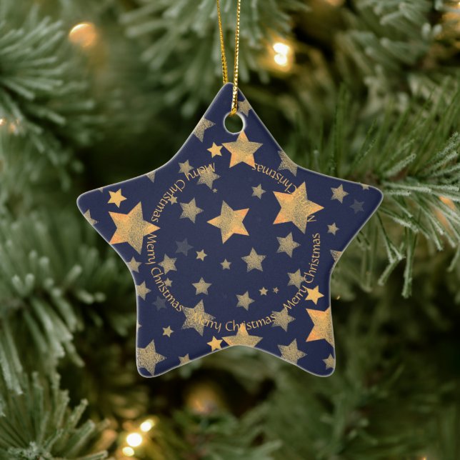 Christmas Golden Stars Navy Blue Classic Elegant Ceramic Ornament (Tree)