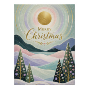Christmas Golden Sun Pastel Mountain Landscape Poster