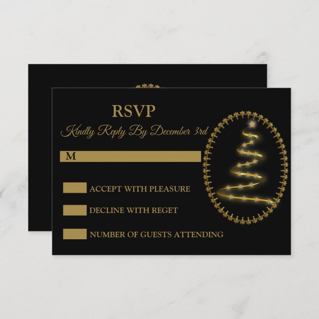 Christmas Golden Tree Black Holidays RSVP Card (Front/Back)