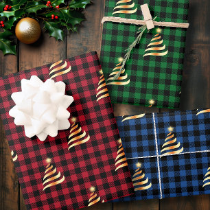 Christmas Golden Tree Buffalo Plaid Red Green Blue Wrapping Paper Sheet