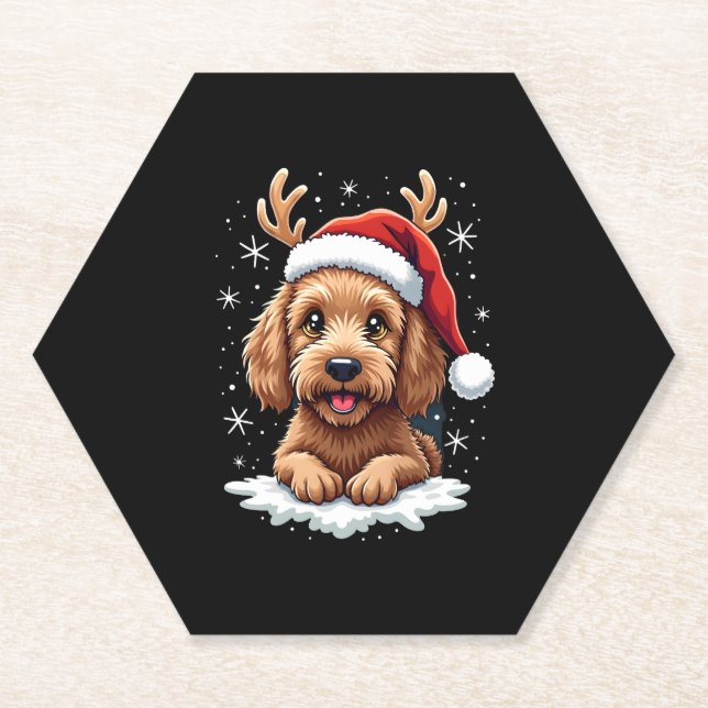 Christmas Goldendoodle Dog Reindeer Holiday Doodle Paper Coaster (Front)