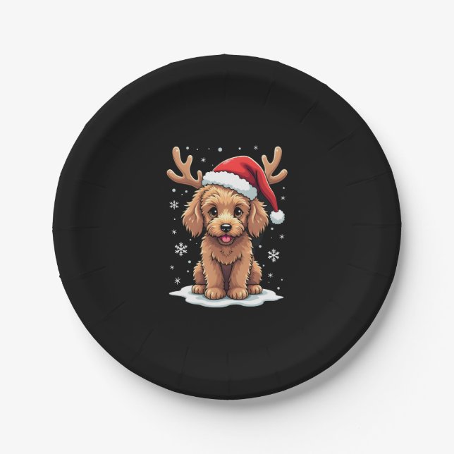 Christmas Goldendoodle Dog Reindeer Holiday Doodle Paper Plate (Front)
