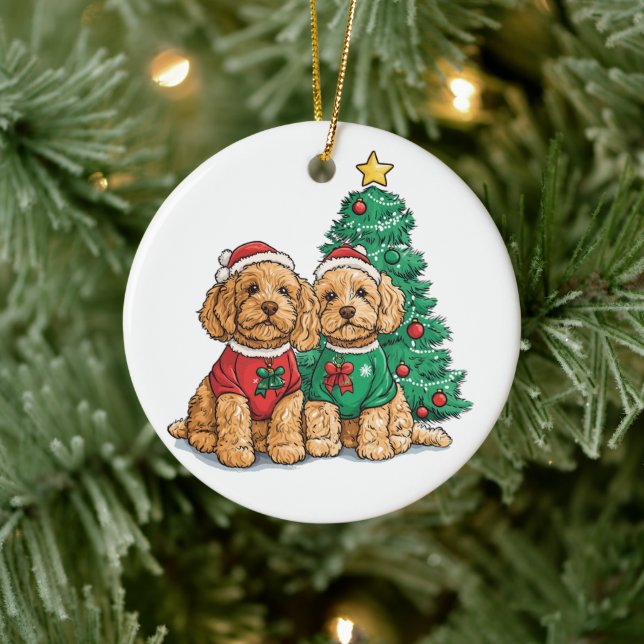 Christmas Goldendoodle Dogs Ceramic Ornament (Tree)