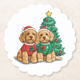 Christmas Goldendoodle Dogs Paper Coaster