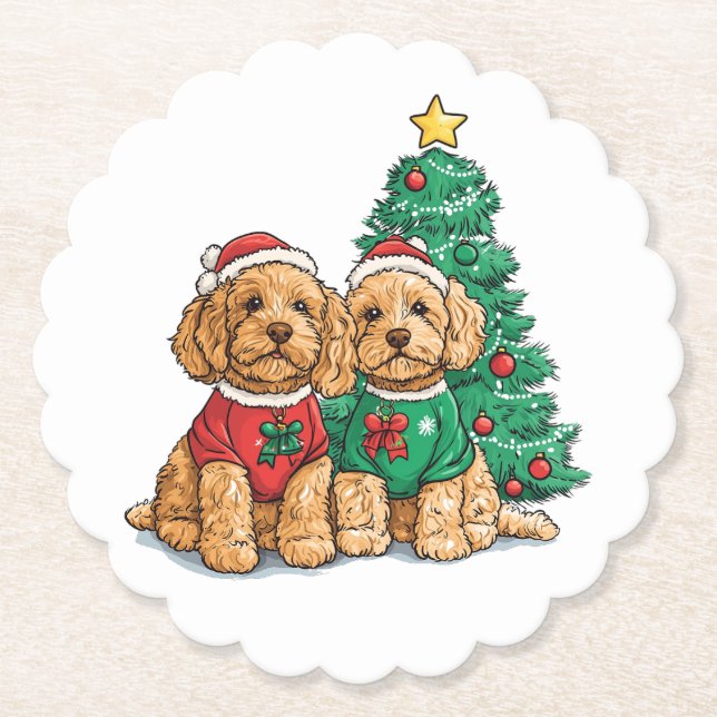 Christmas Goldendoodle Dogs Paper Coaster (Front)