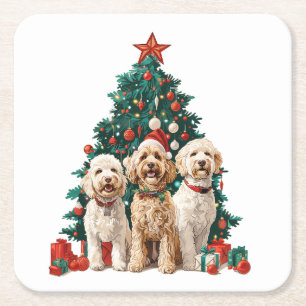 Christmas Goldendoodle Dogs Square Paper Coaster