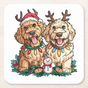 Christmas Goldendoodle Dogs Square Paper Coaster